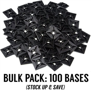 Zip Tie Adhesive-Backed Mounts 100 Pack by Phyxology. Professional-Grade, UV Black Cable Tie Bases: 1.1 x 1.1. Screw-Hole Anchor Point Provides Optimal Strength for Long-Term Durability & Use